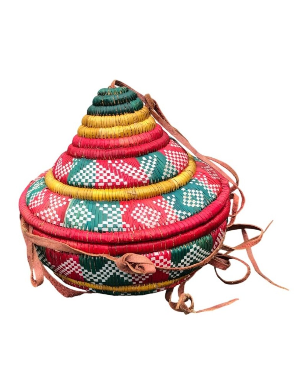 Ethiopian Handwoven Multi-Color Coiled Basket Lid Leather Straps Traditional Des